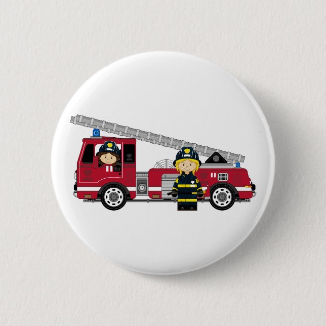 Cute Cartoon Fireman and Fire Engine Pinback Button (Front)