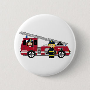 Cute Cartoon Fireman and Fire Engine Pinback Button
