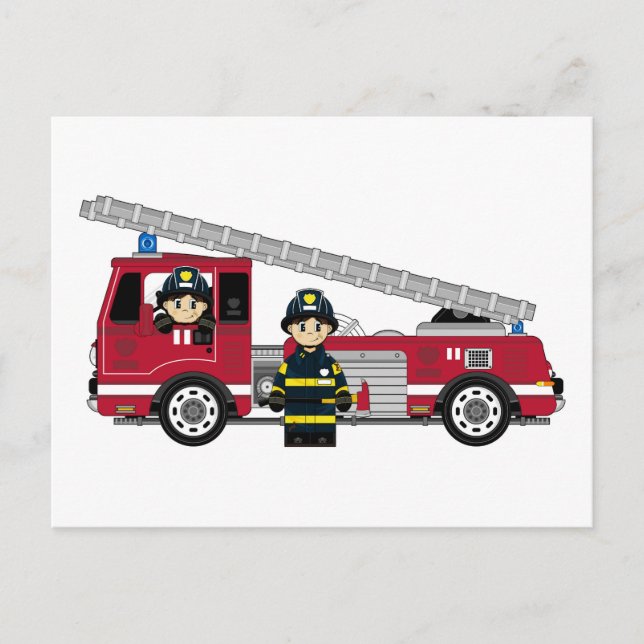 Cute Cartoon Fireman and Fire Engine Postcard (Front)