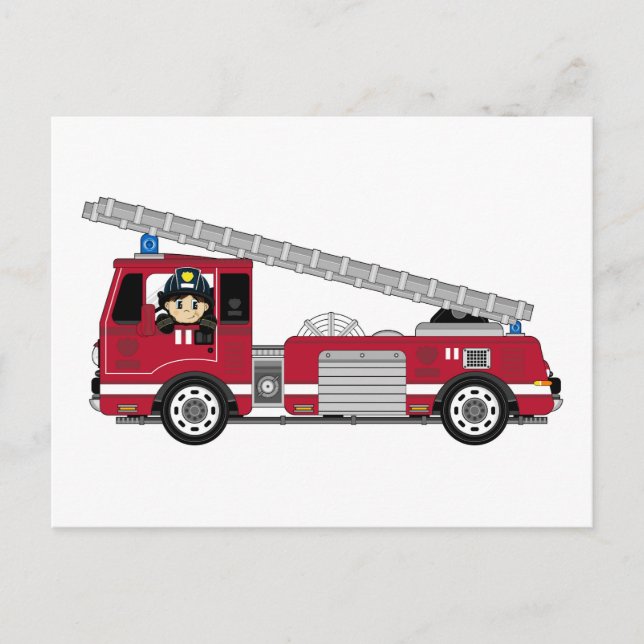 Cute Cartoon Fireman and Fire Engine Postcard (Front)