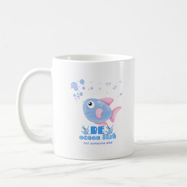 Cute cartoon fish with pink fins and bubble Coffee Mug (Left)