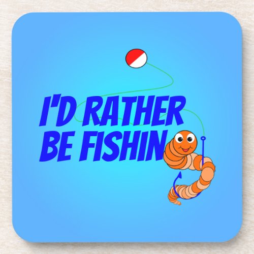 Cute Cartoon Fishing Worm Id Rather Be Fishing Beverage Coaster