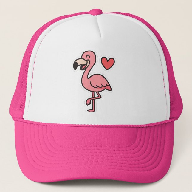 Cute Cartoon Flamingo Sticker with Heart Trucker Hat (Front)