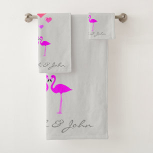 Cute Cartoon Flamingos In Love -Personalized Bath Towel Set