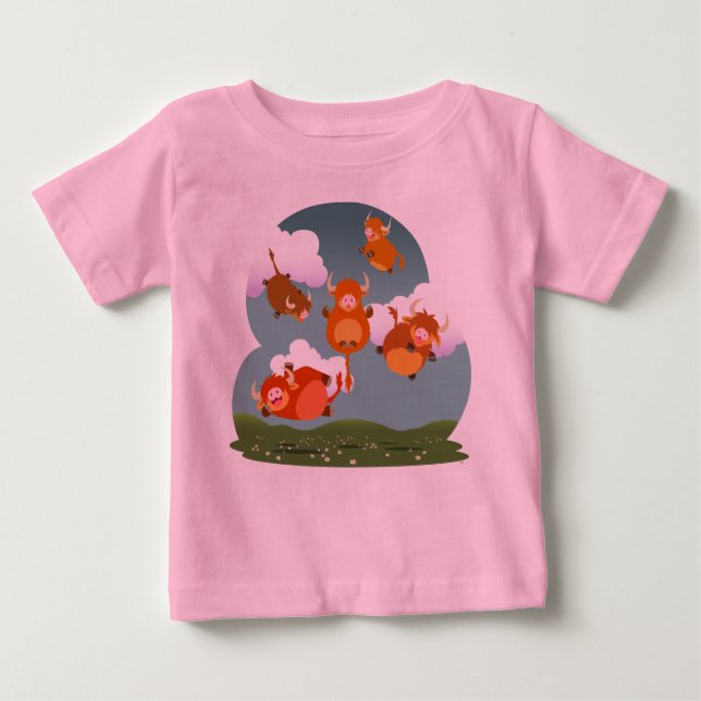 Cute Cartoon Floating Highland Cows Baby T-Shirt (Front)