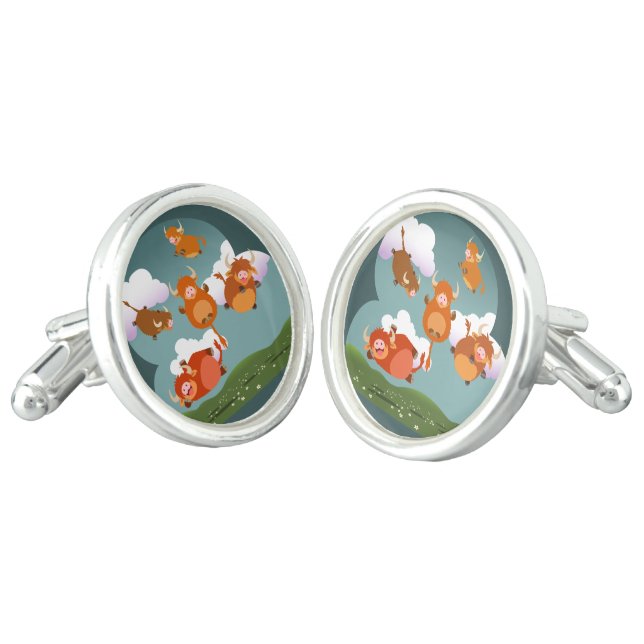 Cute Cartoon Floating Highland Cows Cufflinks (Angled)