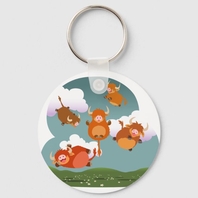 Cute Cartoon Floating Highland Cows Keychain (Front)