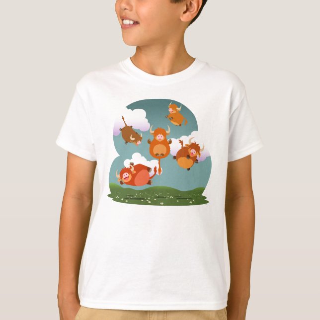Cute Cartoon Floating Highland Cows Kids T-Shirt (Front)