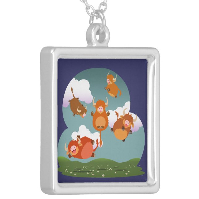 Cute Cartoon Floating Highland Cows Necklace (Front Left)
