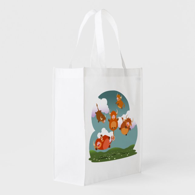 Cute Cartoon Floating Highland Cows Reusable Bag (Back Side)