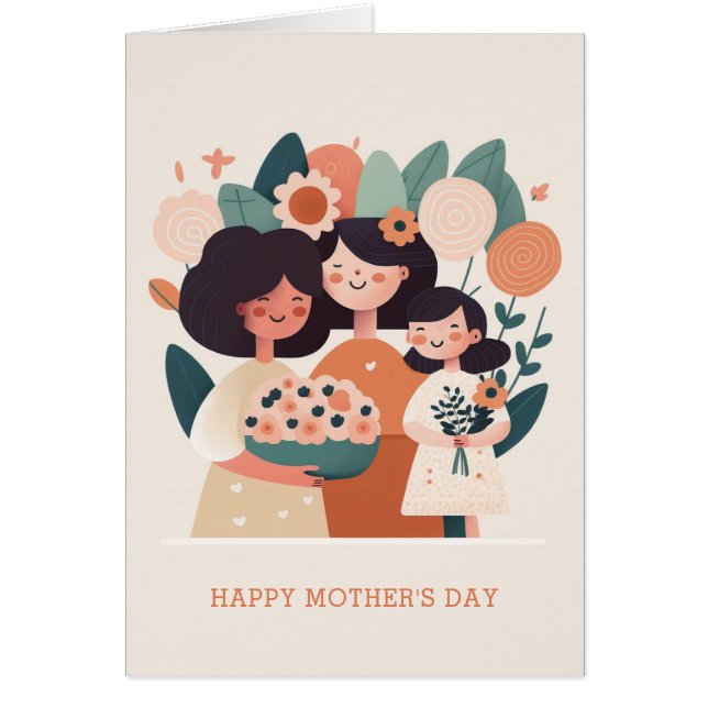 Cute cartoon floral mom and girls. Mothers Day (Front)