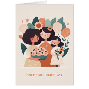 Cute cartoon floral mom and girls. Mothers Day Cards