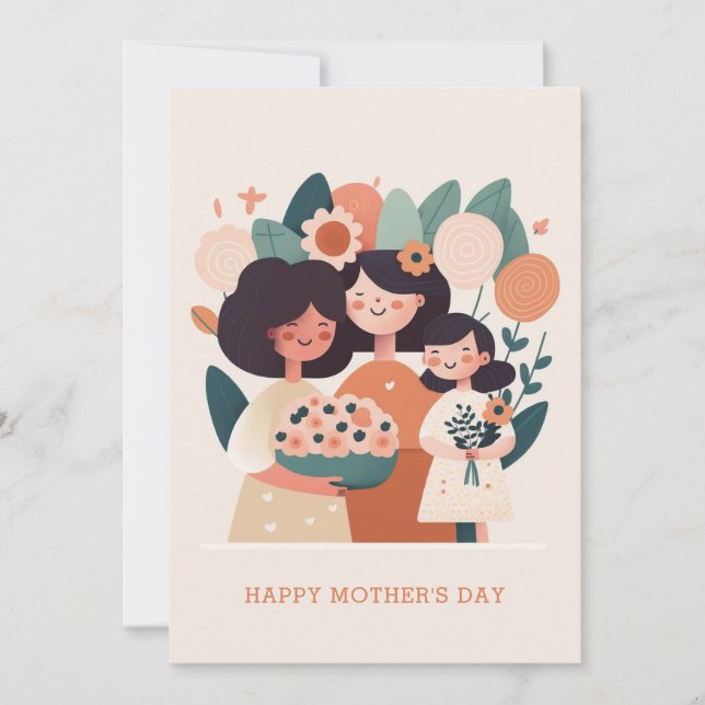 Cute cartoon floral mom and girls. Mothers Day Holiday Card (Front)