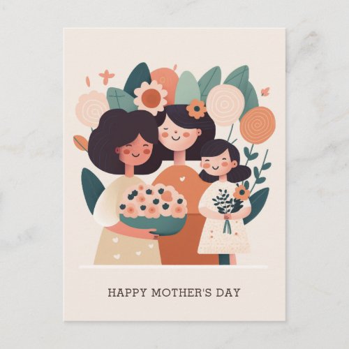 Cute cartoon floral mom and girls Mothers Day Postcard