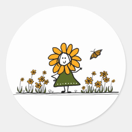 Cute Cartoon Flower Girl in a butterfly garden Classic Round Sticker
