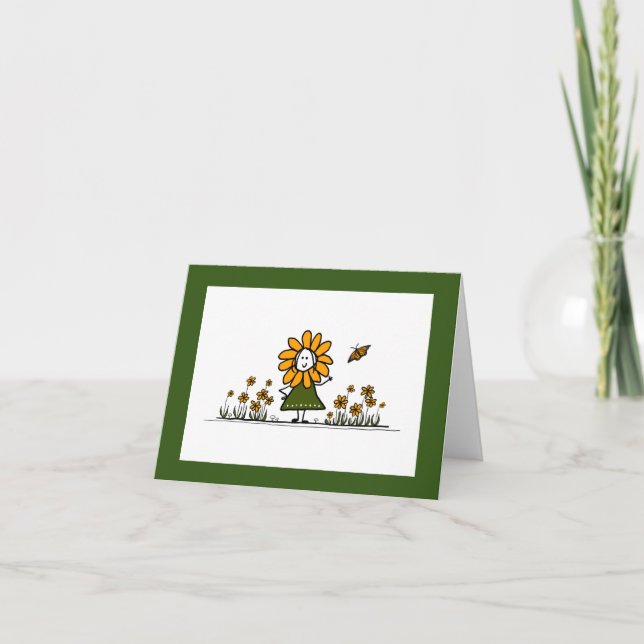 Cute Cartoon Flower Girl in a butterfly garden Thank You Card (Front)