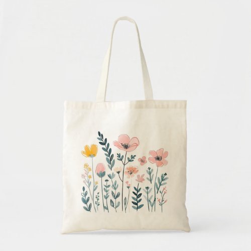 Cute Cartoon Flowers Watercolor Floral Hand Draw Tote Bag