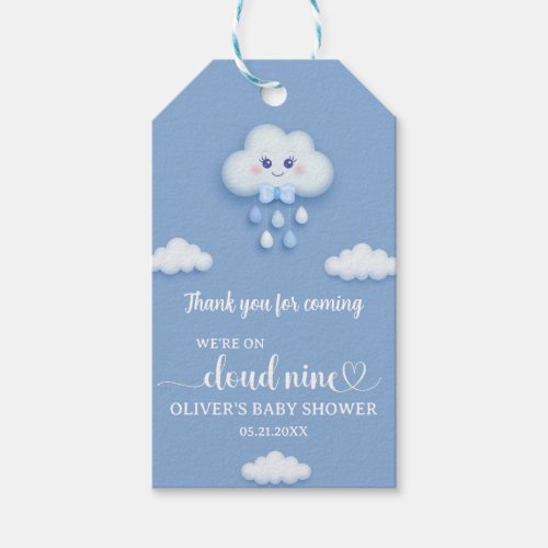 Cute cartoon fluffy white cloud nine blue boy gift tags