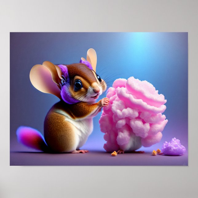 Cute, cartoon Flying squirrel eating cotton candy Poster (Front)