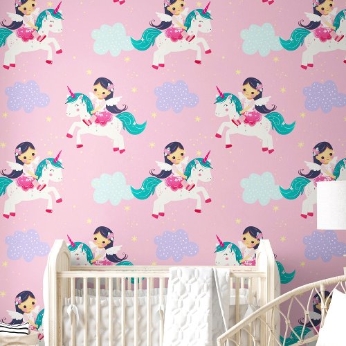 Cute Cartoon Flying Unicorn Pink Nursery Room Wallpaper