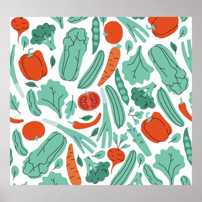 Cute Cartoon Food: Vibrant Vegetables Pattern Poster (Front)