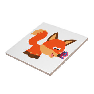 Cute Cartoon Fox And Butterfly Tile