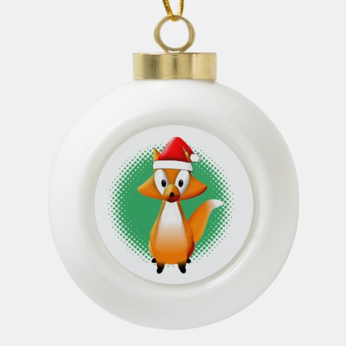 Cute Cartoon Fox Animal With Santas Hat Ceramic Ball Christmas Ornament