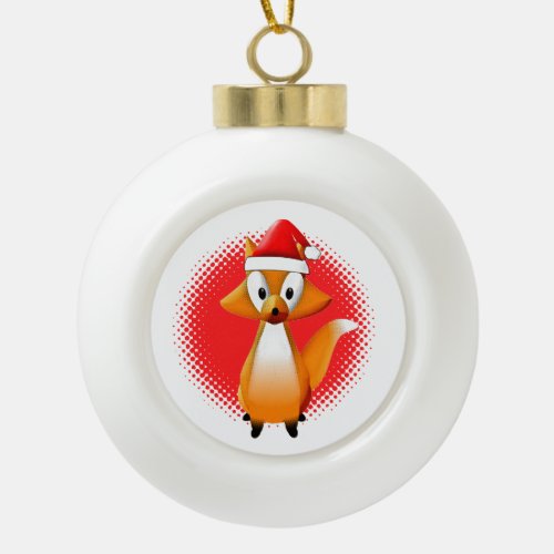 Cute Cartoon Fox Animal With Santas Hat Red Ceramic Ball Christmas Ornament