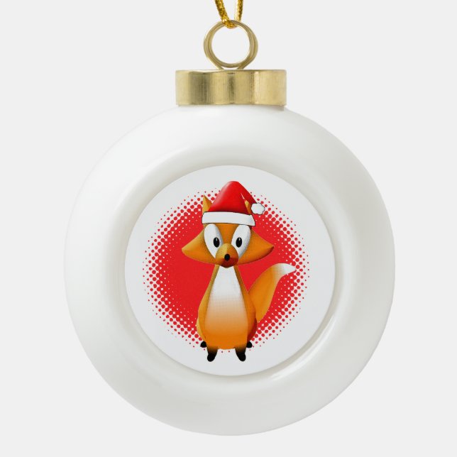 Cute Cartoon Fox Animal With Santas Hat Red Ceramic Ball Christmas Ornament (Front)