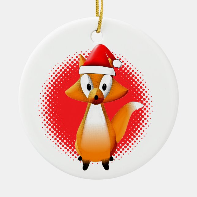 Cute Cartoon Fox Animal With Santas Hat Red Ceramic Ornament (Front)