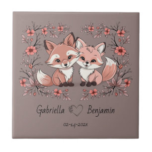 Cute Cartoon Fox Lovers Heart Valentine’s Day Ceramic Tile