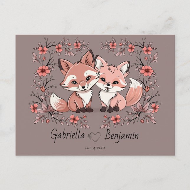 Cute Cartoon Fox Lovers Heart Valentine’s Day Postcard (Front)