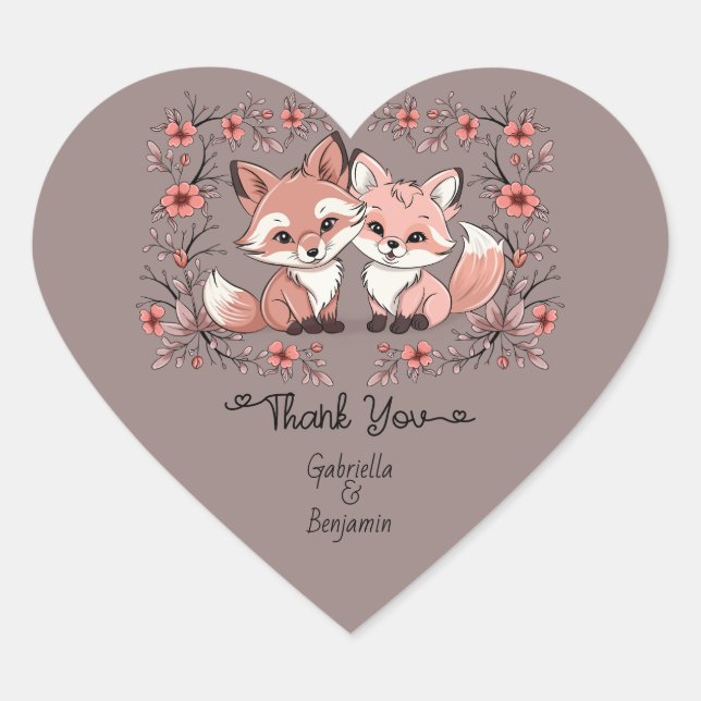 Cute Cartoon Fox Lovers  Valentine’s Day Thank You Heart Sticker (Front)