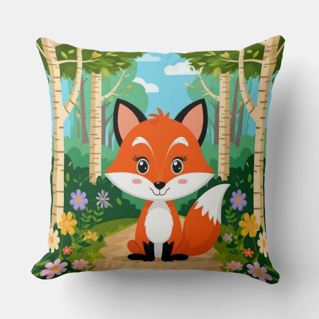 Cute Cartoon Fox Sitting On Forest Path Throw Pillow (Front)