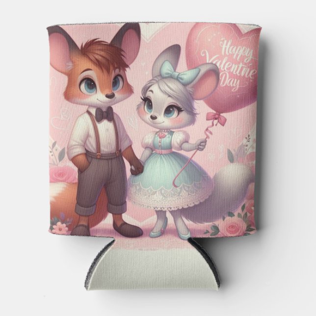 Cute cartoon foxes Valentine's day Can Cooler (Front)