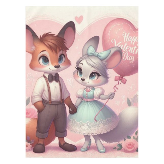 Cute cartoon foxes Valentine's day Tablecloth (Front)