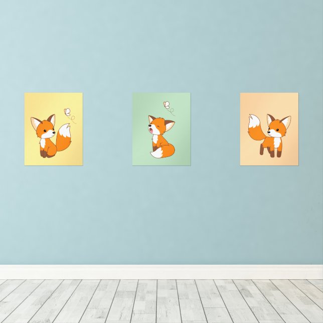 Cute Cartoon Foxes Wall Art Sets (Wood Floor)
