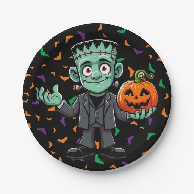 Cute, cartoon Frankenstein's monster Paper Plates (Front)