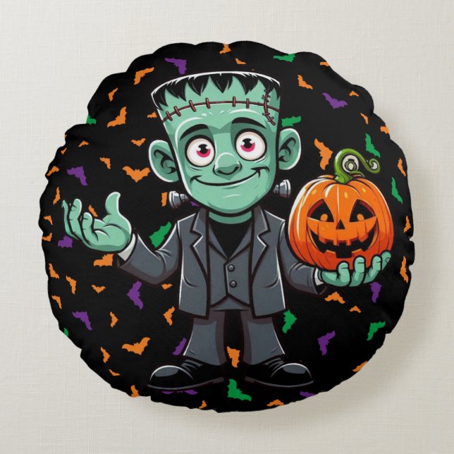Cute, cartoon Frankenstein's monster Round Pillow (Front)