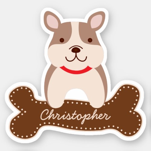 Cute Cartoon French Bulldog Puppy Dog Bone Name Sticker