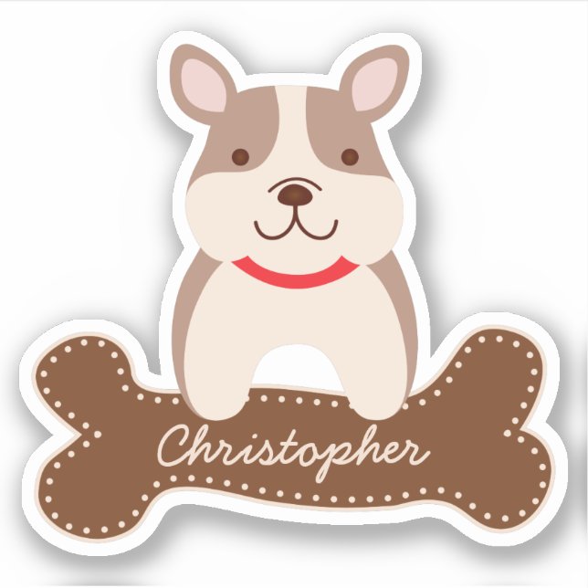 Cute Cartoon French Bulldog Puppy Dog Bone Name Sticker (Front)