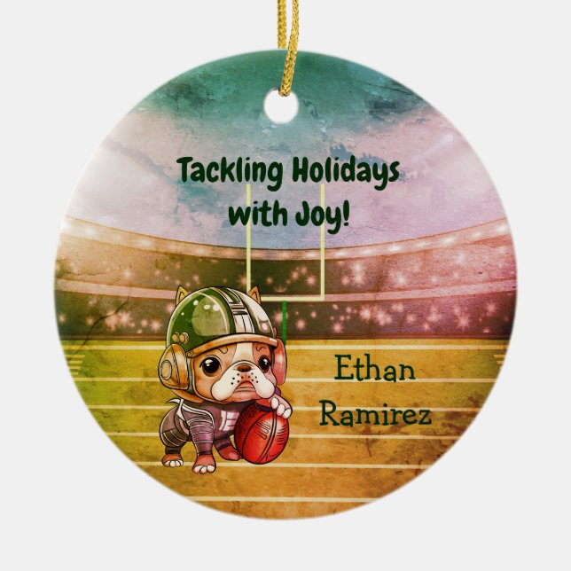 Cute Cartoon French bulldog quarterback holiday  Ceramic Ornament (Front)