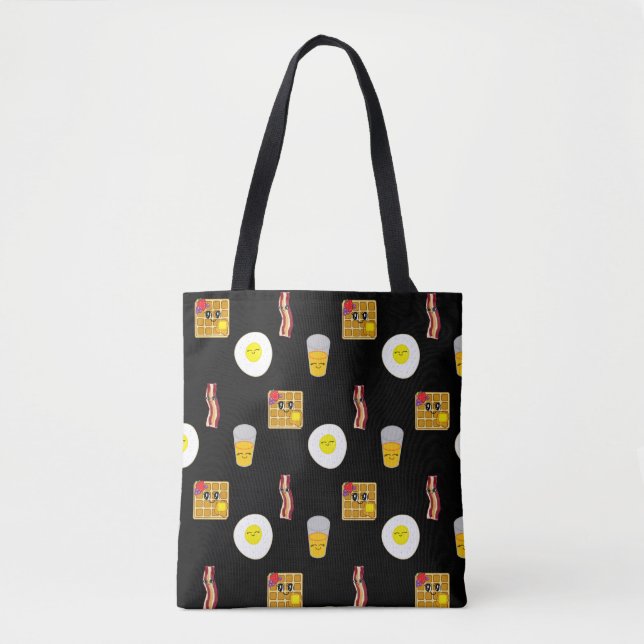 Cute Cartoon Fried Egg, Bacon and Waffles Tote Bag (Front)