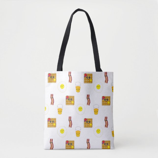 Cute Cartoon Fried Egg, Bacon and Waffles Tote Bag (Front)