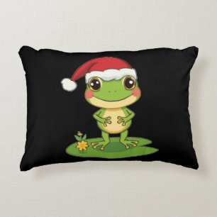Cute Cartoon Frog Character Wearing a Santa Hat on Accent Pillow