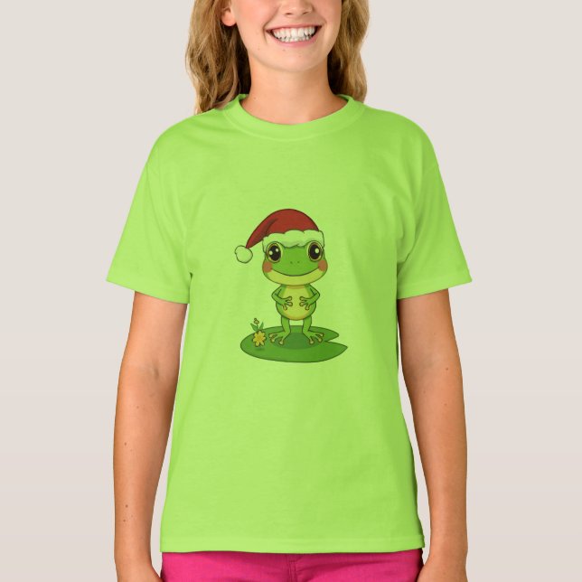 Cute Cartoon Frog Character Wearing a Santa Hat on T-Shirt (Front)