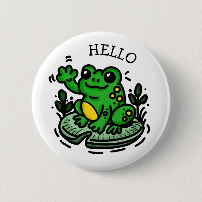 Cute Cartoon Frog on Lily pad saying Hello Button (Front)