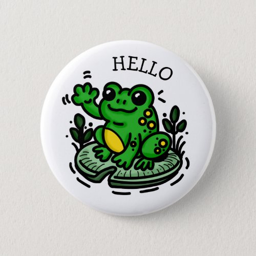 Cute Cartoon Frog on Lily pad saying Hello Button