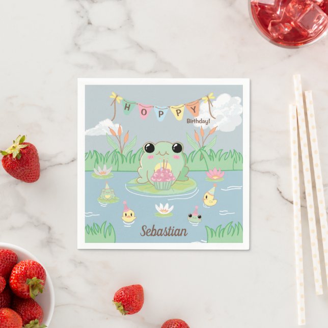 Cute Cartoon Frog Pond Birthday Party Napkins (Insitu)