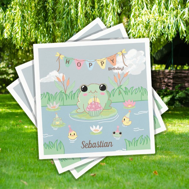 Cute Cartoon Frog Pond Birthday Party Napkins (Creator Uploaded)